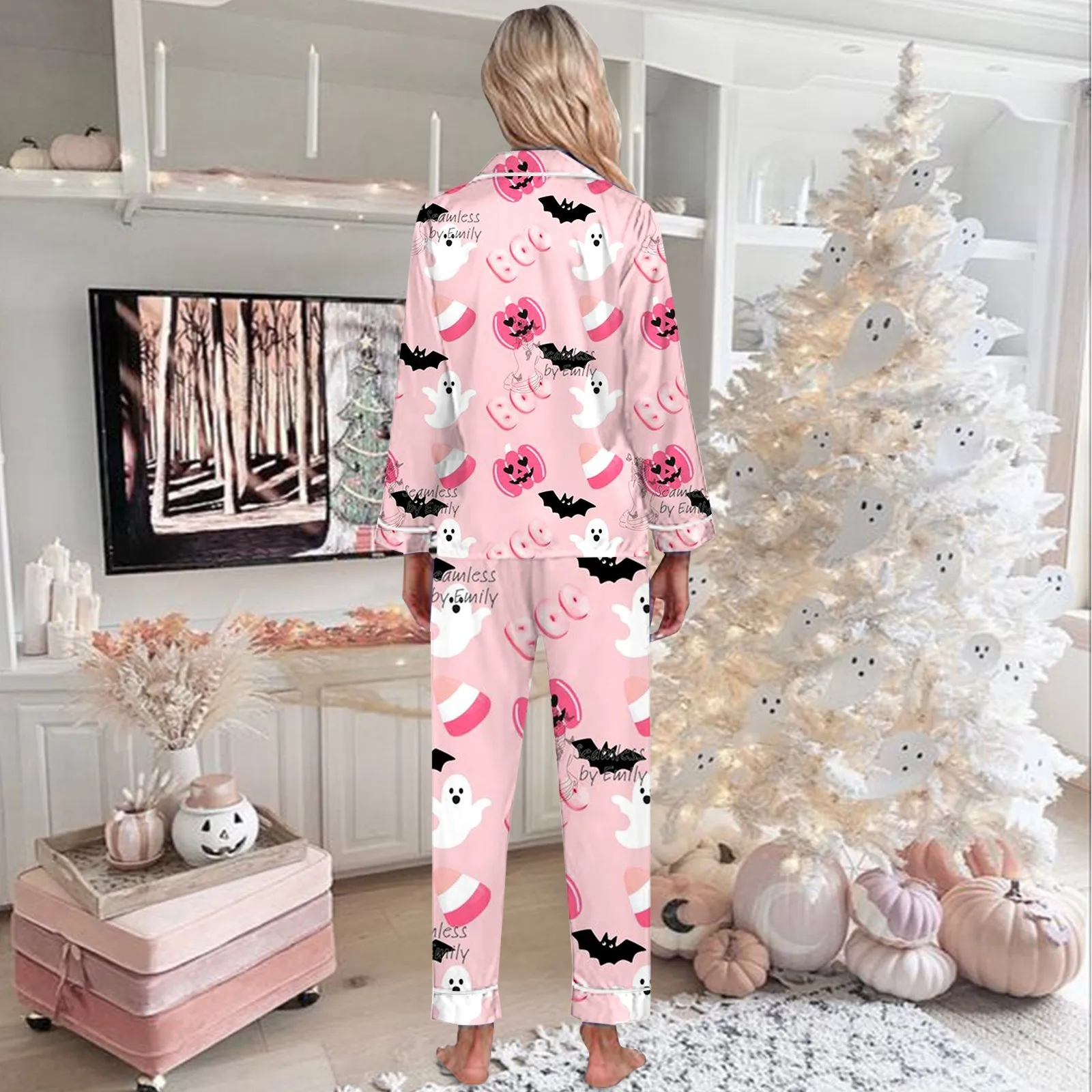 Women Halloween Satin Pajama Set Ghost Pumpkin Print Long Sleeve Button Closure Top with Pants 2 Pieces Sleepwear Loungewear