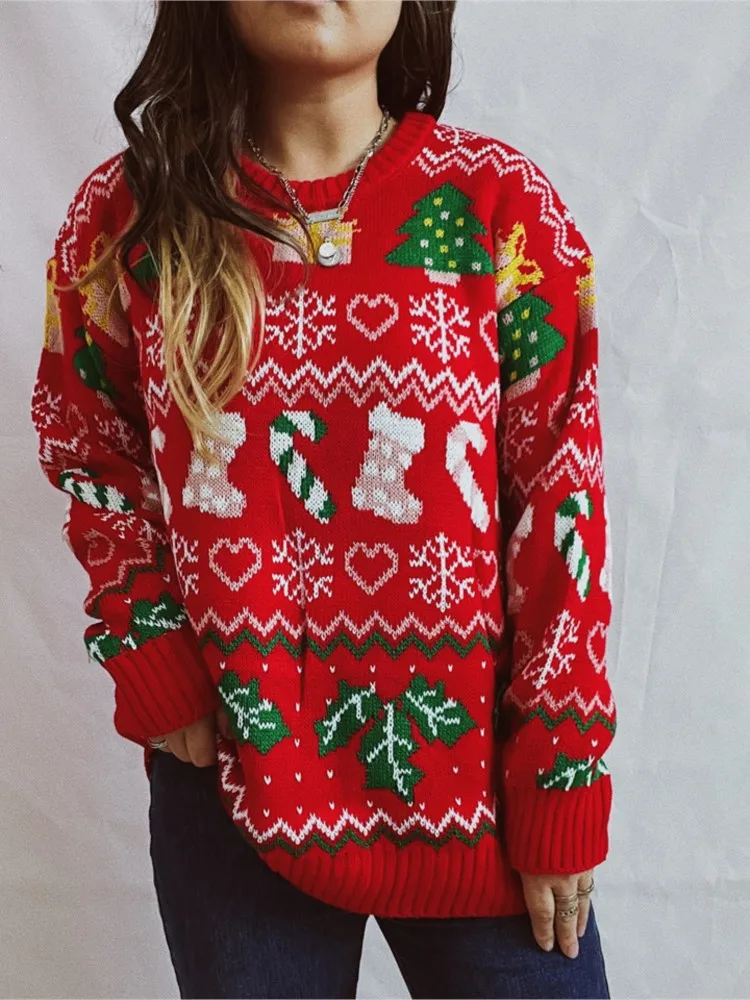 

Christmas Knit Sweater Lady Fashion Print O Neck Long Sleeve Pullovers Sweaters For Women Casual Holiday Party Women's Clothing