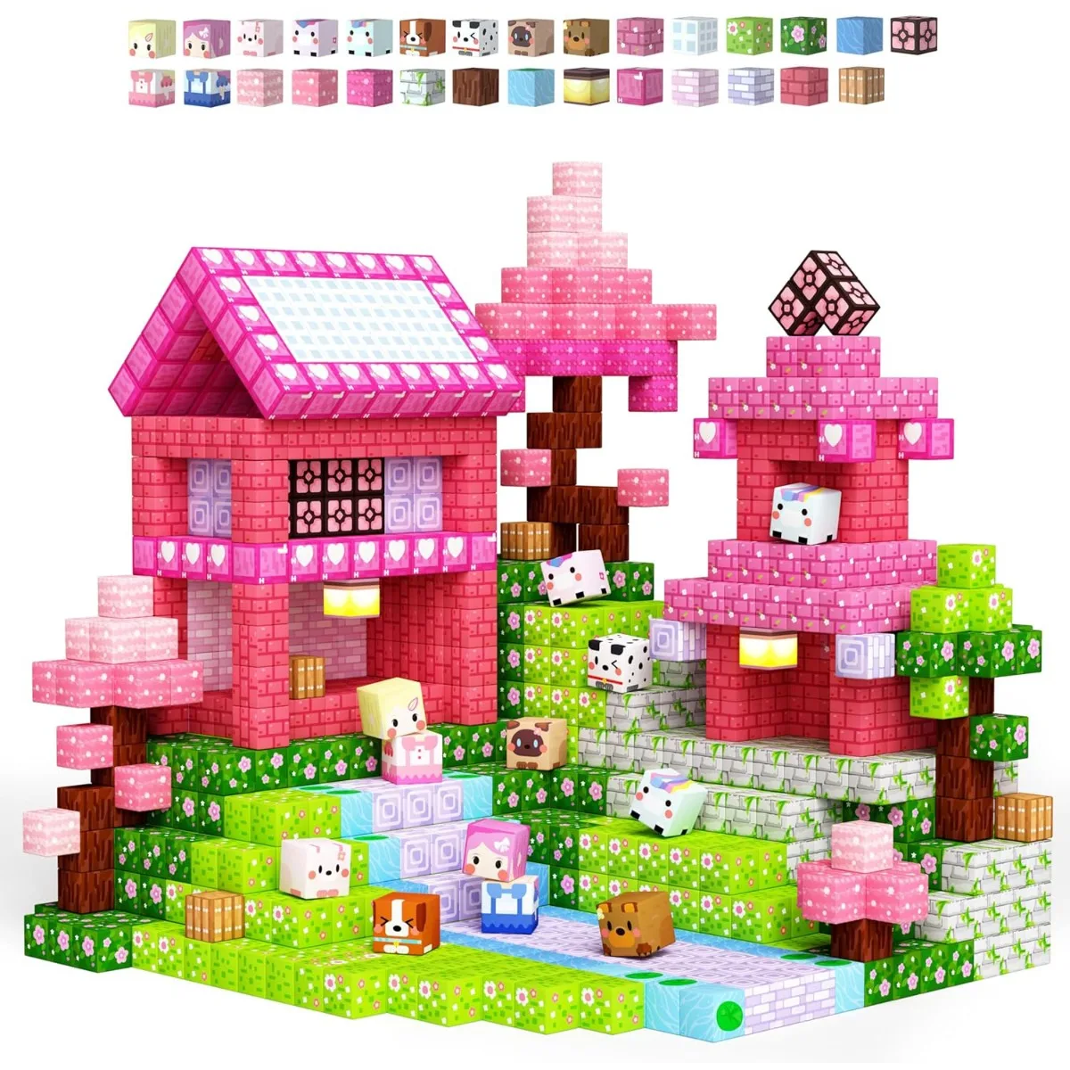 

Магнитный конструктор «Мир шахт»: Розовый замок с цветами, строительные блоки, кубики, развивающая игрушка STEM для мальчиков и девочек, подарок