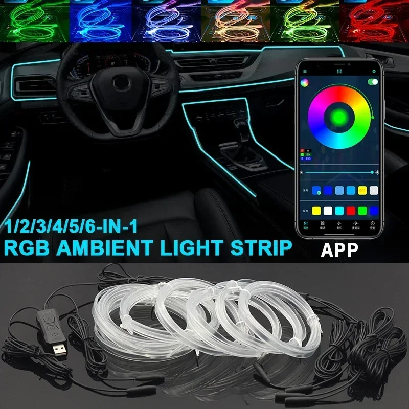 Car RGB Ambient LED Light Strip USB Fiber Optic Atmosphere Neon Invisible Light Strip Center Console Door Decoration Lamp