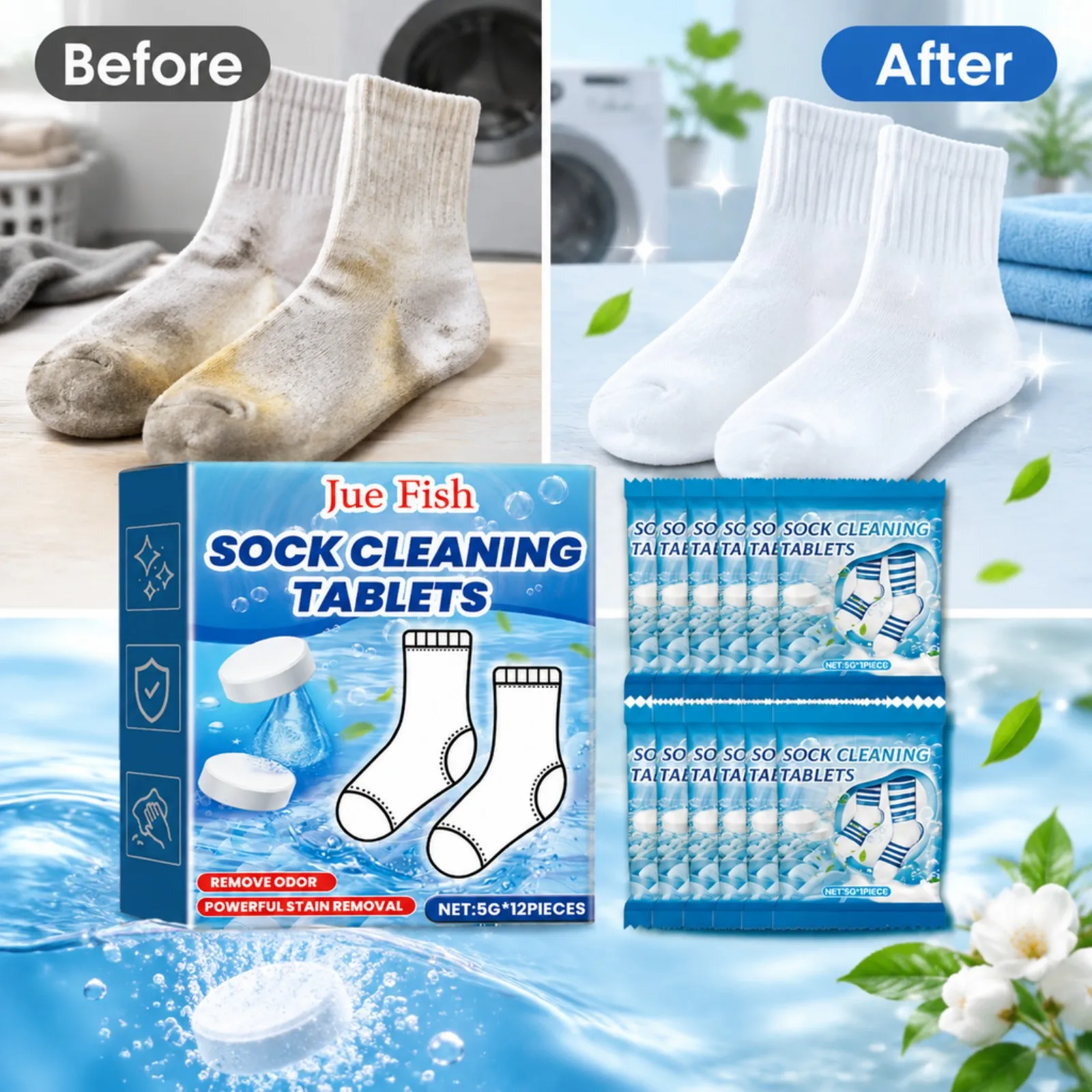 Sock Cleaning Tablets 12PCS Effervescent Deep Clean Remove Stubborn Dirt Odor Gentle for White Socks Laundry Cleaning Tablets