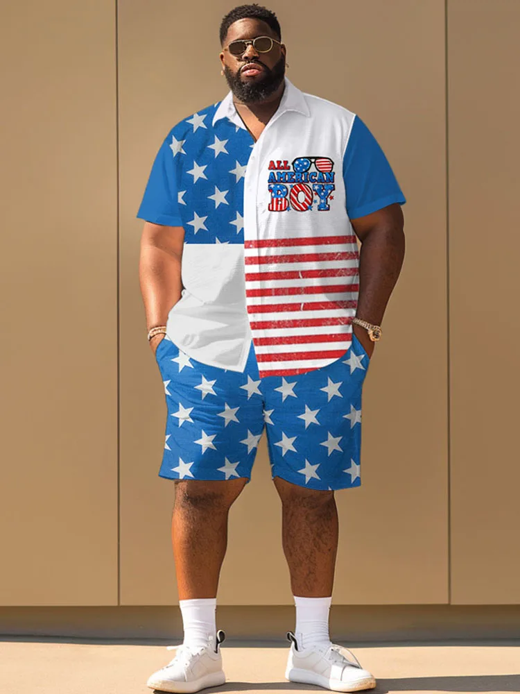 L-9XL kurz ärmel ige Hemd Shorts Set plus Größe Männer Unabhängigkeit Tag Flagge Geste Streifen personal isierten Druck zweiteiligen Set Zooy