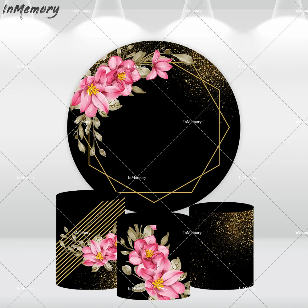 Black and Gold Birthday Round Backdrop Cover Supplies Customize Wedding Party Decoration Circle Photography Background Banner