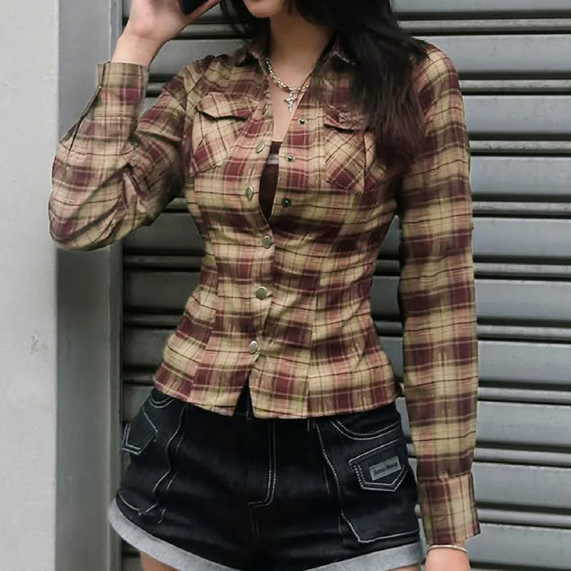 

Retro Plaid Shirt For Women, Loose And Casual, With A Button Down Waist, Long Sleeved Collar Top Tees Jacket For Women