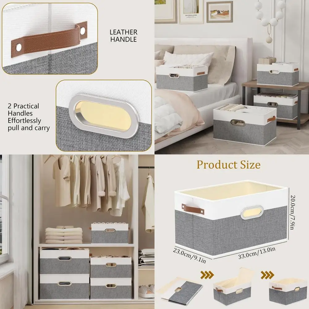 

Collapsible Storage Baskets, 6-Pack, Large Canvas Bins with 3 Handles, White/Grey, 12.99x9.05x7.87 Inches
