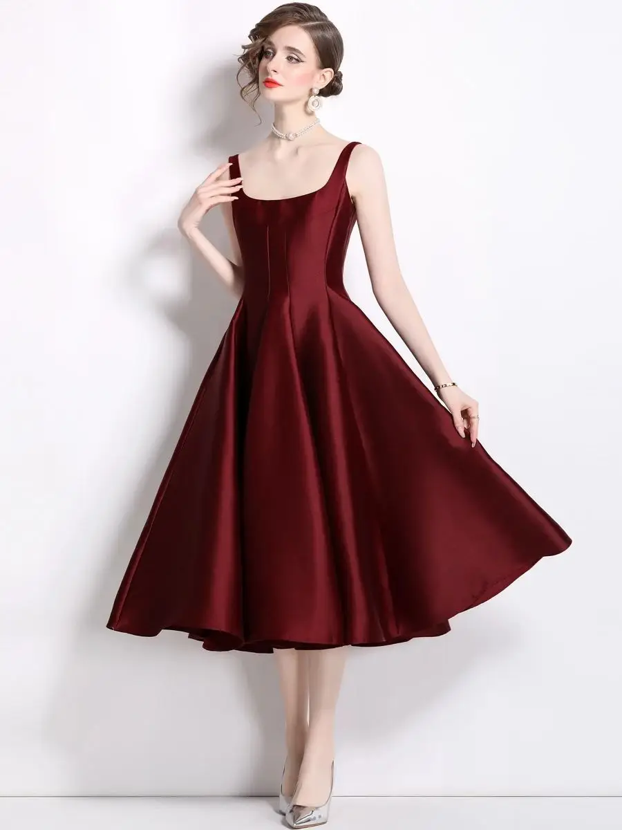 

Sexy Evening Thick Satin Special Occasion Women's Spaghetti Strap Party Ball Gown Slash Neck Backless Prom Cocktail Robe Dresses