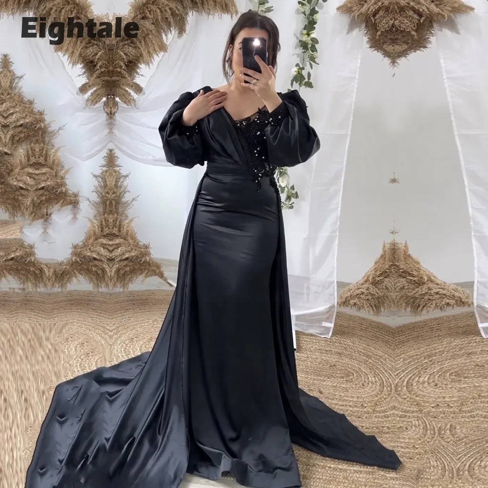 

Eightale Black Evening Dresses Satin Prom Dresses V-Neck Long Sleeves Appliques Beaded Ladies Dresses for Special Occasions