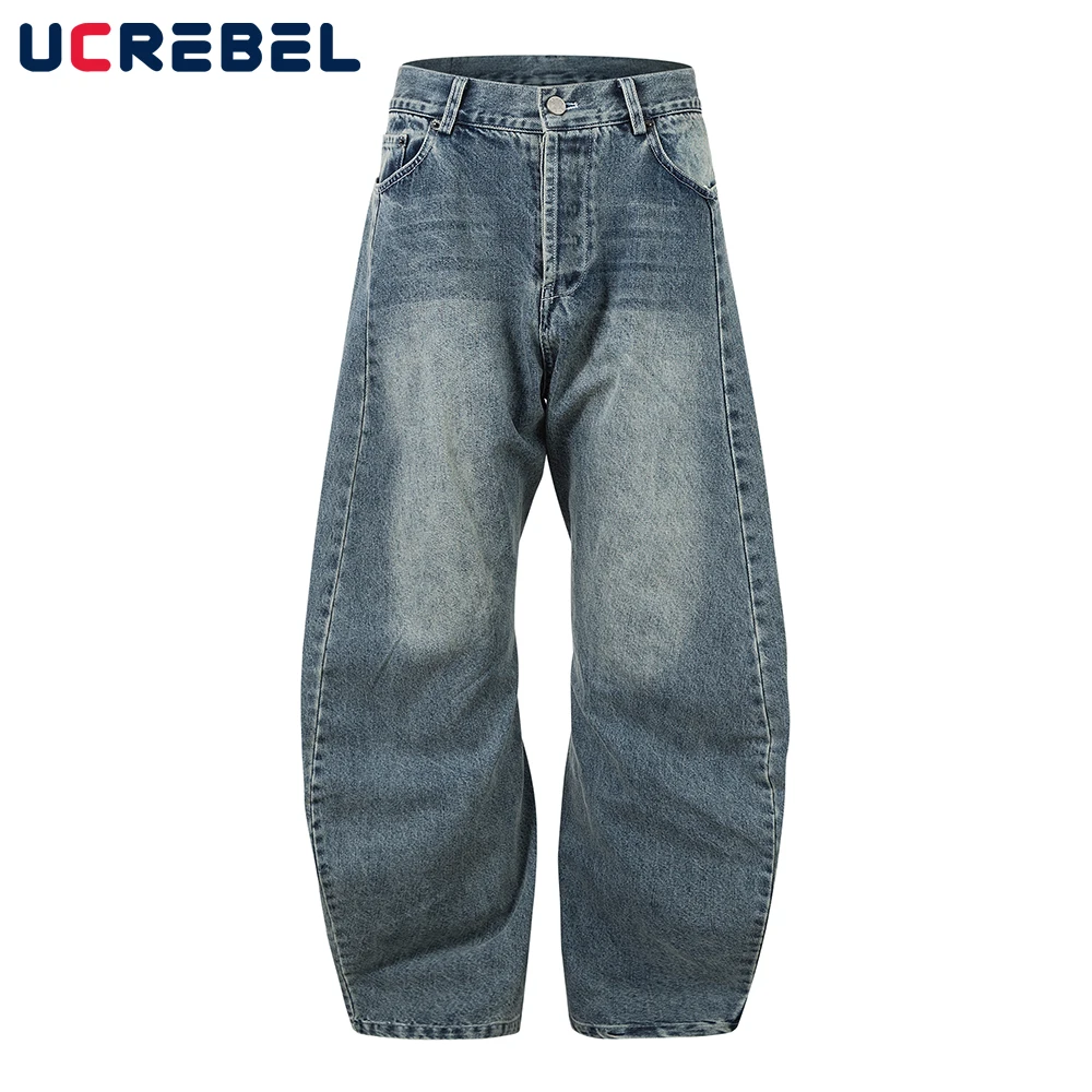 

Промытые потертые джинсовые брюки с изогнутыми лезвиями, мужские однобортные свободные широкие джинсы в стиле ретро, мужские джинсы