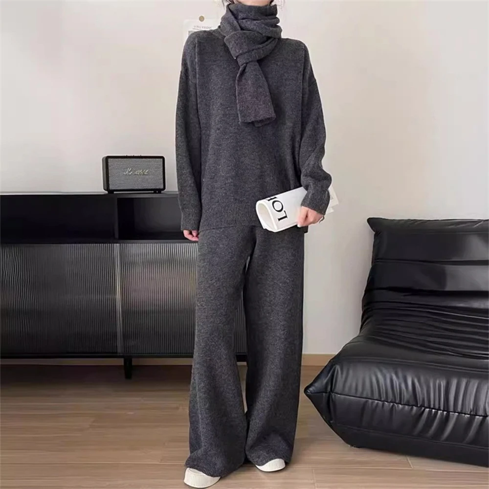 

Korean Autumn Women Sweater Suit Pullover 3 Piece Sets Casual Knitwear Wide Leg Pants Casual Female Knitted Sweater Trouser