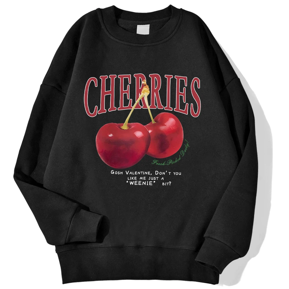 Autumn Winter Womens Sweatshirt Fresh Red Cherries Printing Pullover Loose Crewneck Warm Comfortable Hoodies Street Clothing