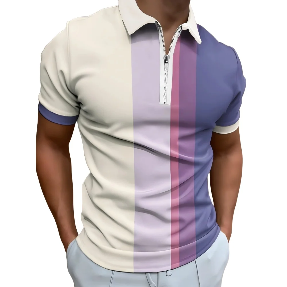 

Винтажная мужская рубашка-поло на молнии с золотым клетчатым узором и 3D принтом, летние модные топы с короткими рукавами, новинка 2025 года, уличная одежда в стиле Харадзюку