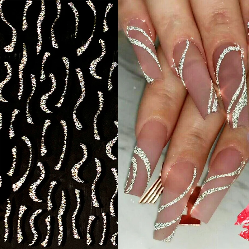 Nail Art Stickers Reflective Glitter French  Manicure Silver Swirl Strip Star Design Sparkly Wave Decor Manicure Powder Decals