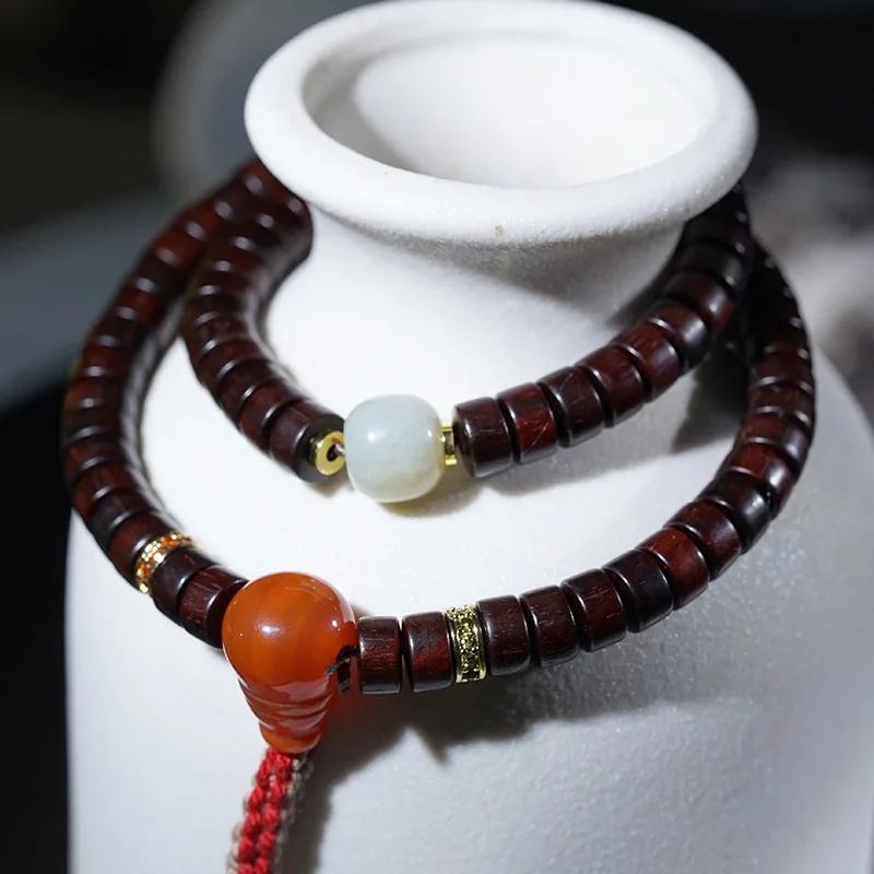 Indian Red Sandalwood Double Layer Bracelet Tablet Beads Buddhist Rosary Sandalwood Mala Unisex Handicraft