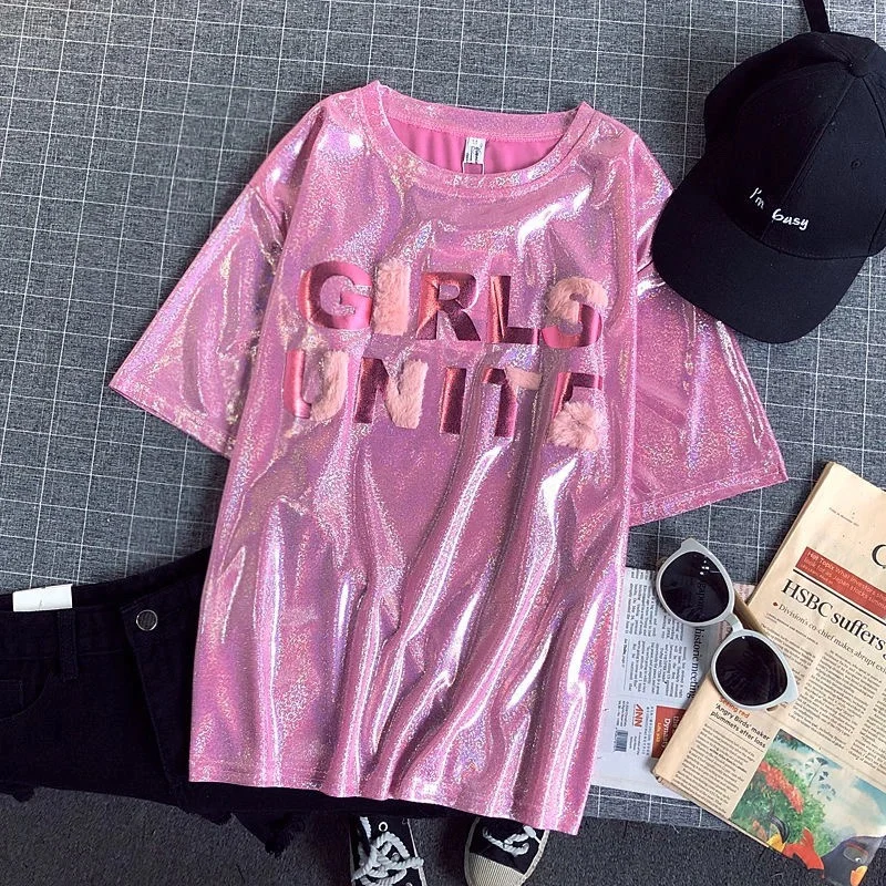 Summer 2026 Women's Loose Fit round Neck Short Sleeve T-Shirt Shiny Sparkling Trendy Commute Style Bright Color Block Print