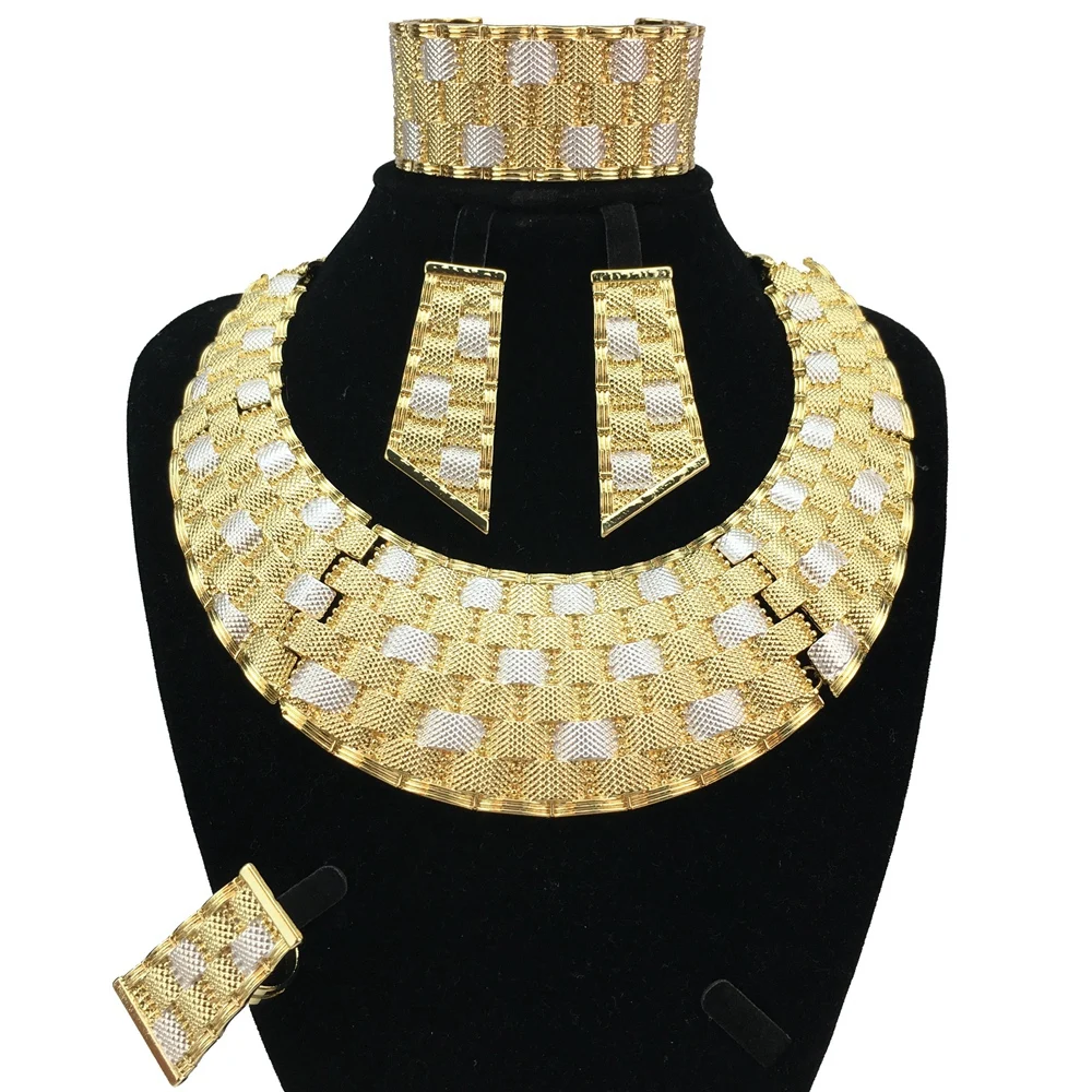 

Newest Italian Gold Plated Jewelry for Women African Necklace Earrings Bracelet Ring Wedding Jewelry Set FHK18318