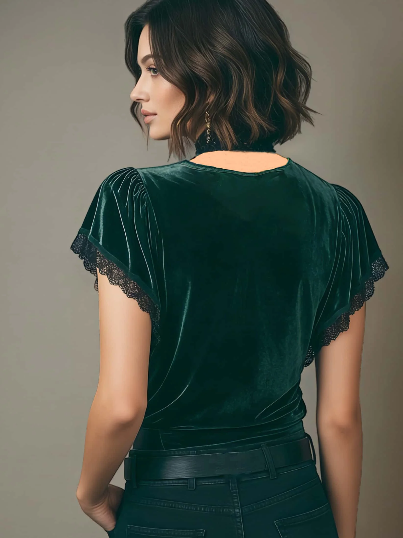 Women’s Retro Velvet Top, Sexy V Neck with Lace Patchwork, Cross Ruched Detail, Short Sleeve Fashion Blouse