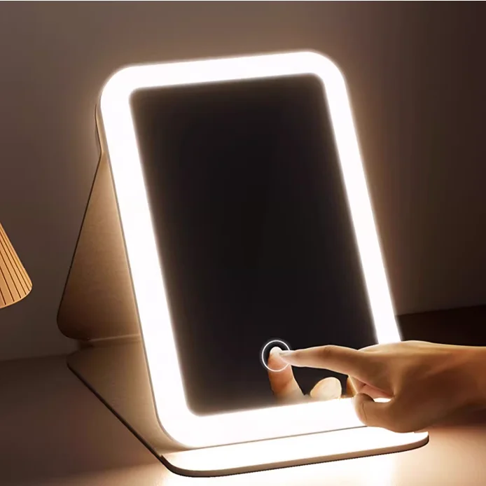 

Three color LED rechargeable desktop makeup mirror, foldable lighting mirror, desktop mirror