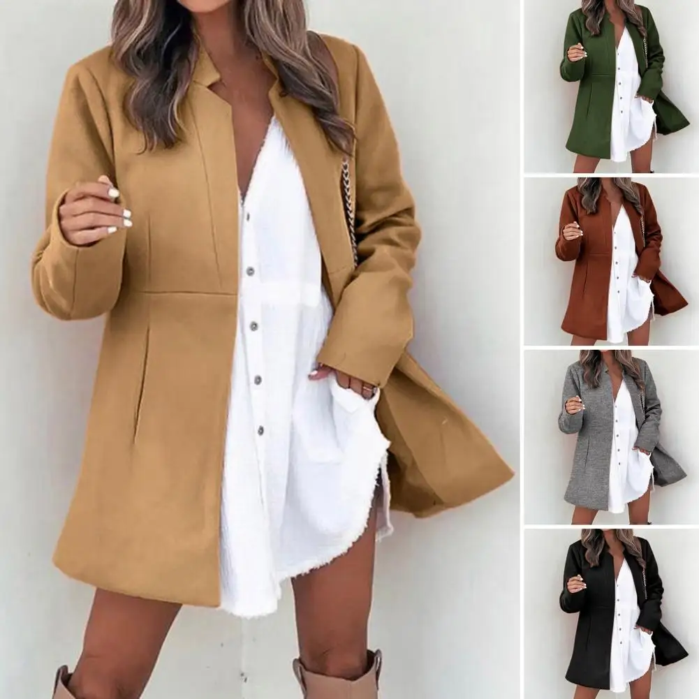 

Women Coat Solid Color Midi Length Notch Collar Cardigan OL Style Loose Long Sleeves Stand Collar Lady Coat for Dating