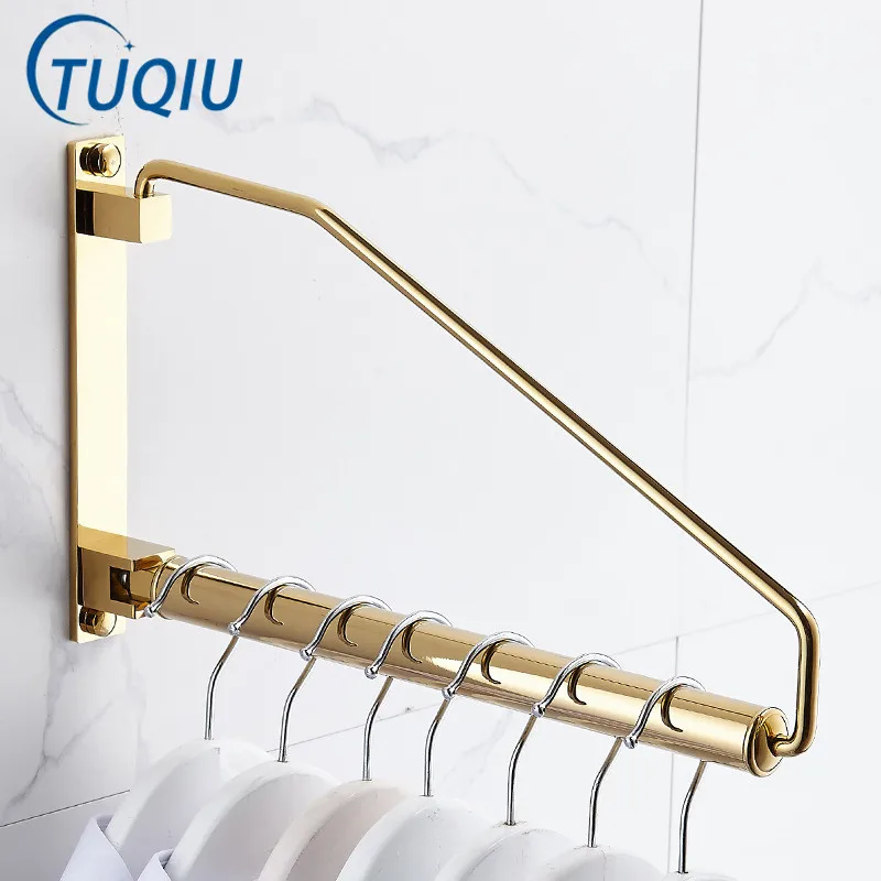 

Tuqiu Gold Wall Clothing Hanger Holder Brushed Gold Folding Clothes Drying Rack Brass Gold Clothing Hanger Organizer Rack