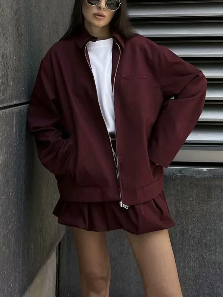 Burgundy Woman Vintage Jacket Zipper Canvas Casual Long Sleeve Short Coat 2024 Ladies Autumn High Street Elegant Outwear Chic