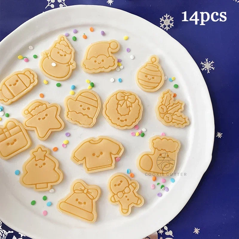 14Pcs/set Mini Cute Xmas Snowman Gingerbread Man Cookie Mold Reusable 3D Cartoon Fondant Biscuit Stamp Baking Cake Decor Tools