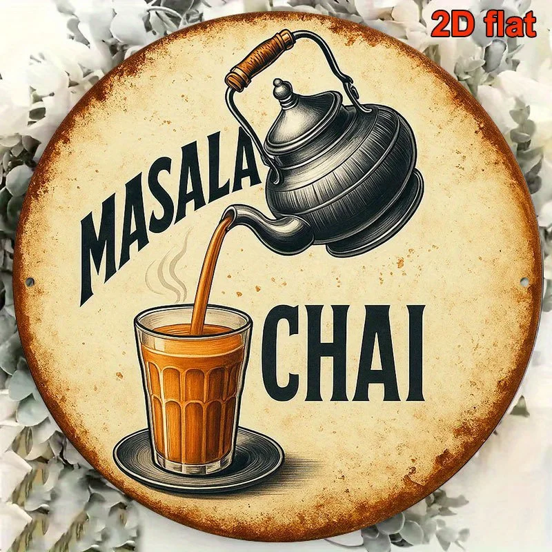 Letrero Metálico Vintage 2D Plano de 1 Pieza, Diseño Redondo de 8 Pulgadas para Pared, Estilo Etiqueta Francesa con Receta de Té Masala Chai, para Cafetería, Restaurante, Salón de Té