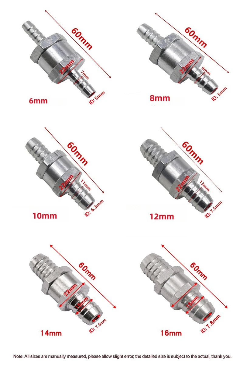 One Way 6/8/10/12/14/16mm 6 Size Valves Aluminium Alloy Fuel Non Return Check Valve One Way Fit Carburettor Wholesale Price