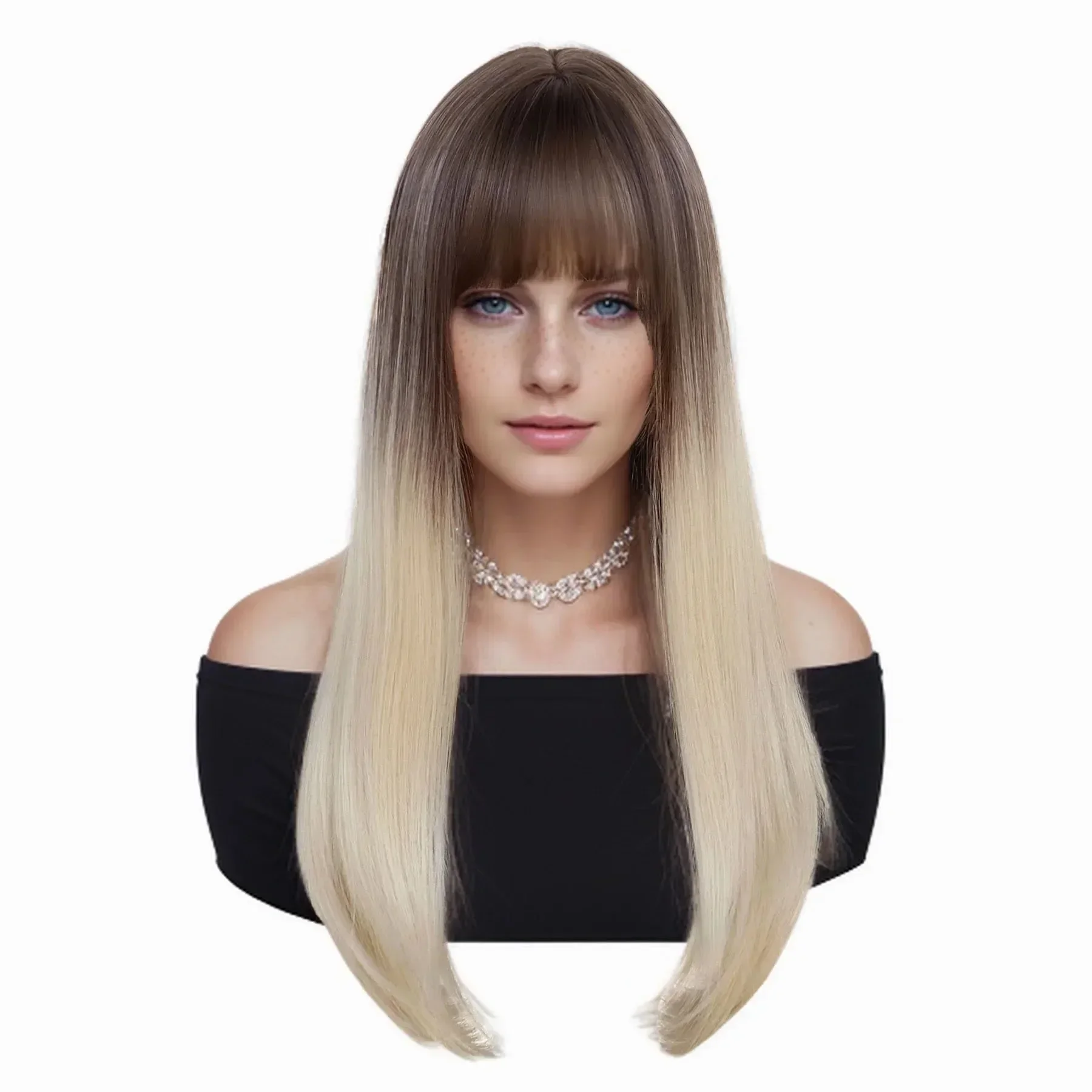 Peruca sintética reta longa com franja para mulheres, ombre, loira, penteado natural, loiro completo, fantasia