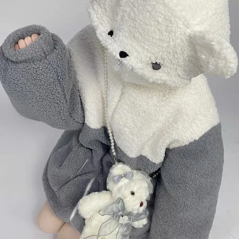 Hoodie Beruang Lucu Jepang Pakaian Wanita Musim Gugur Musim Dingin Atasan Bertudung Wol Domba Imitasi Mantel Mewah BF Kawaii Lolita Pakaian Jalanan