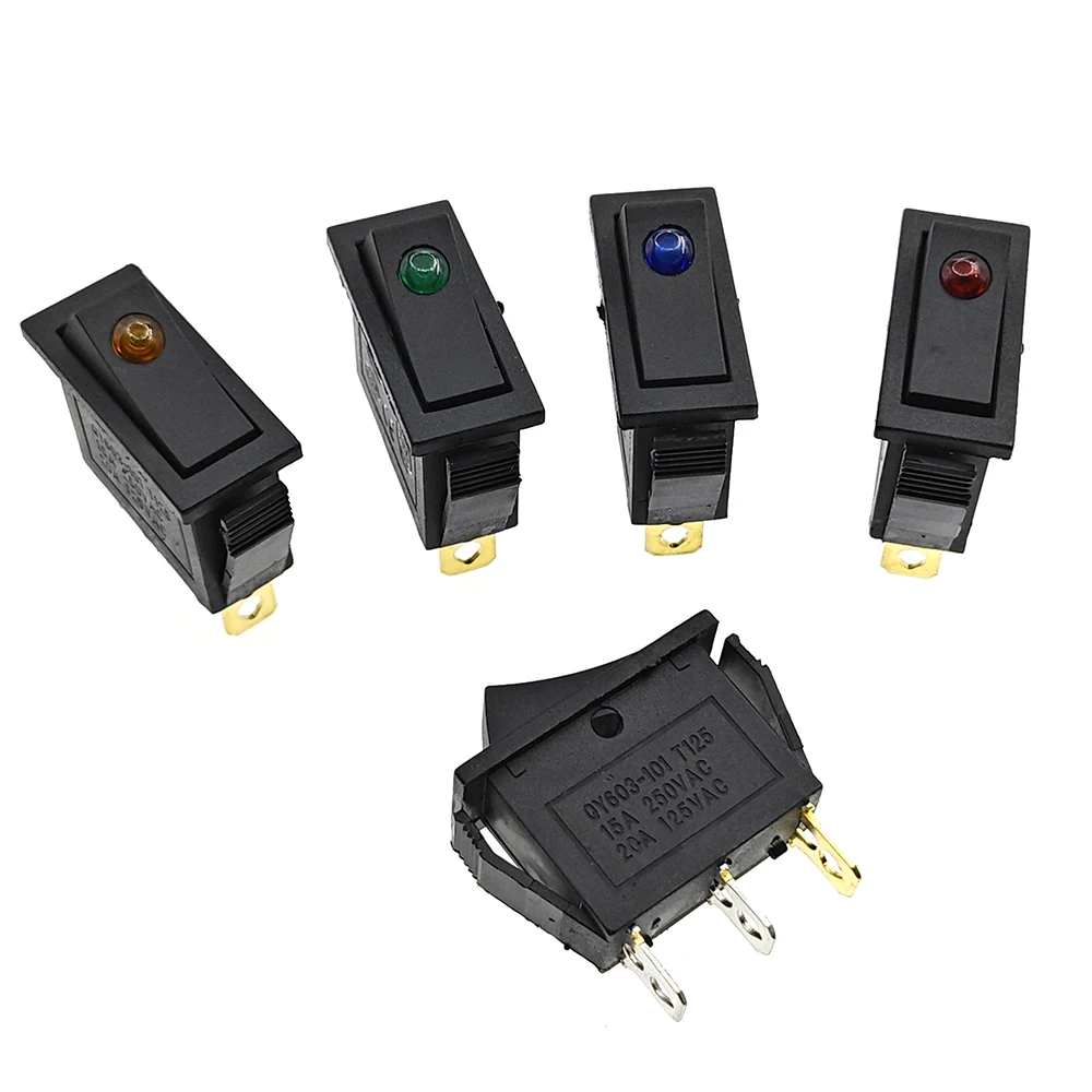 

1PCS KCD3 Black Rocker Switch ON OFF 3Pin Latching 16A 250VAC With Dot LED For Motor Car Auto Switch Red Blue Green Yellow Light