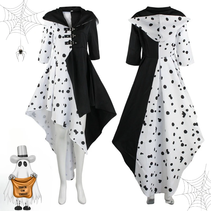 

Halloween Party Cosplay Costume Spot Hooded White Black Dress with Gloves Stage Performance Clothes Full Set for Women