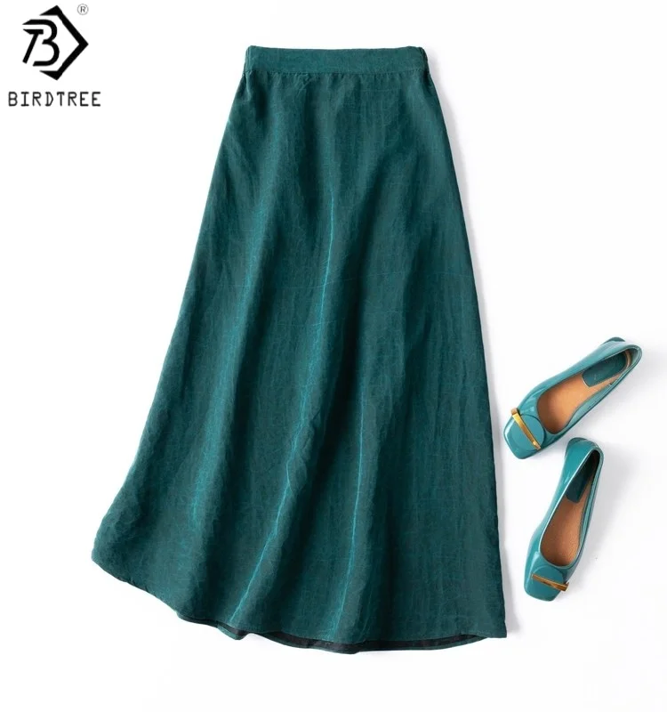 

Birdtree 100% Mulberry Silk Green Long Skirt,Women Craquelure Xiangyun Gauze Elastic Waist Retro Elegant Summer Dress D59105JF