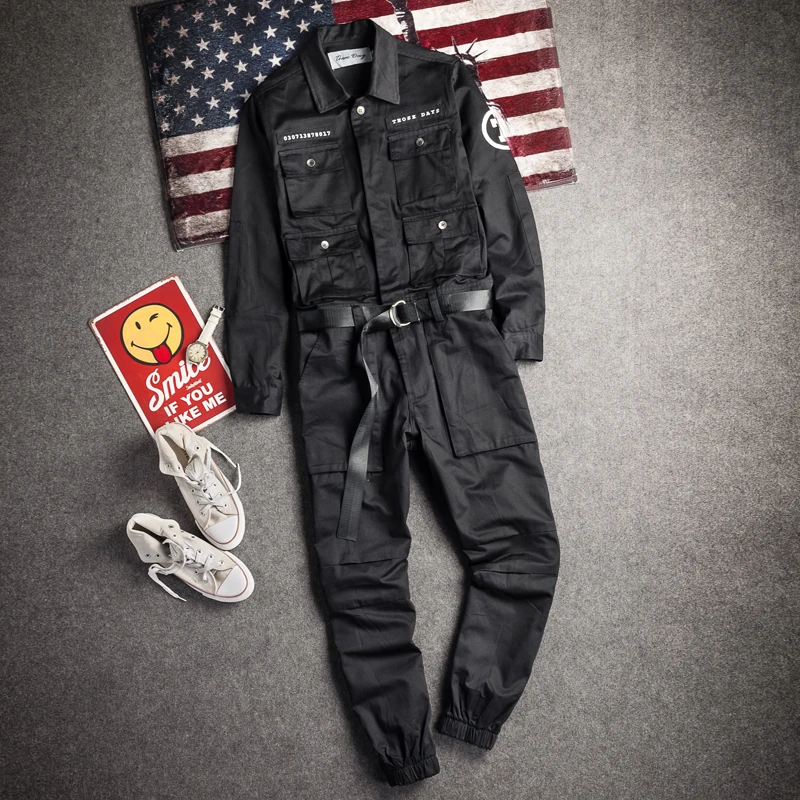 Hip Hop Workwear Pants Jumpsuit Retro Japanese Sle Men's Cuffed Long Pants Personalized Trendy Youth Loose Fit Printed