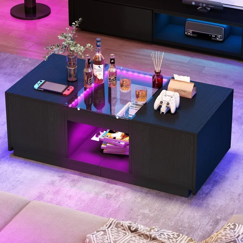 LED Coffee Tables Rectangle Center Table with Charging Station & Storage Drawers