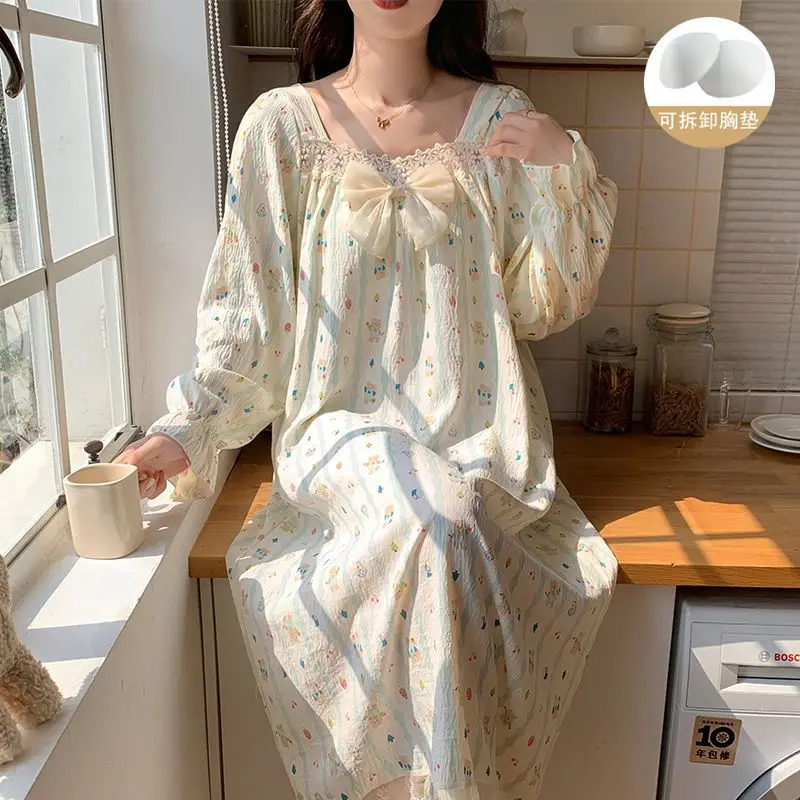 2XL Women Spring Nightgown Korean Ruffles Sleepwear Long Sleeve Home Dress with Chest Pads Lace Cloud Cotton Pajamas Loungewear