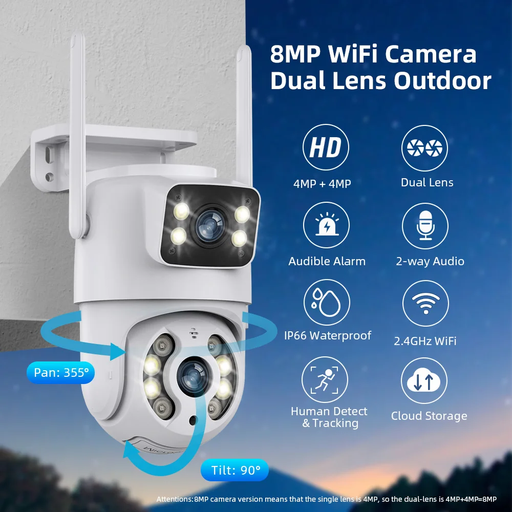 4K 8MP Dual Lens Wifi Surveillance Camera 4X Digital Zoom AI Human Detect ONVIF Wireless Outdoor Security PTZ IP Cameras