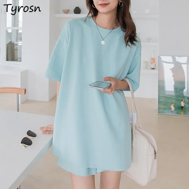 

Sets Women Solid Blue Elastic Waist Baggy Shorts Running Fashion O-neck T-shirts Mujer Streetwear Two Pieces for Summer Outfits