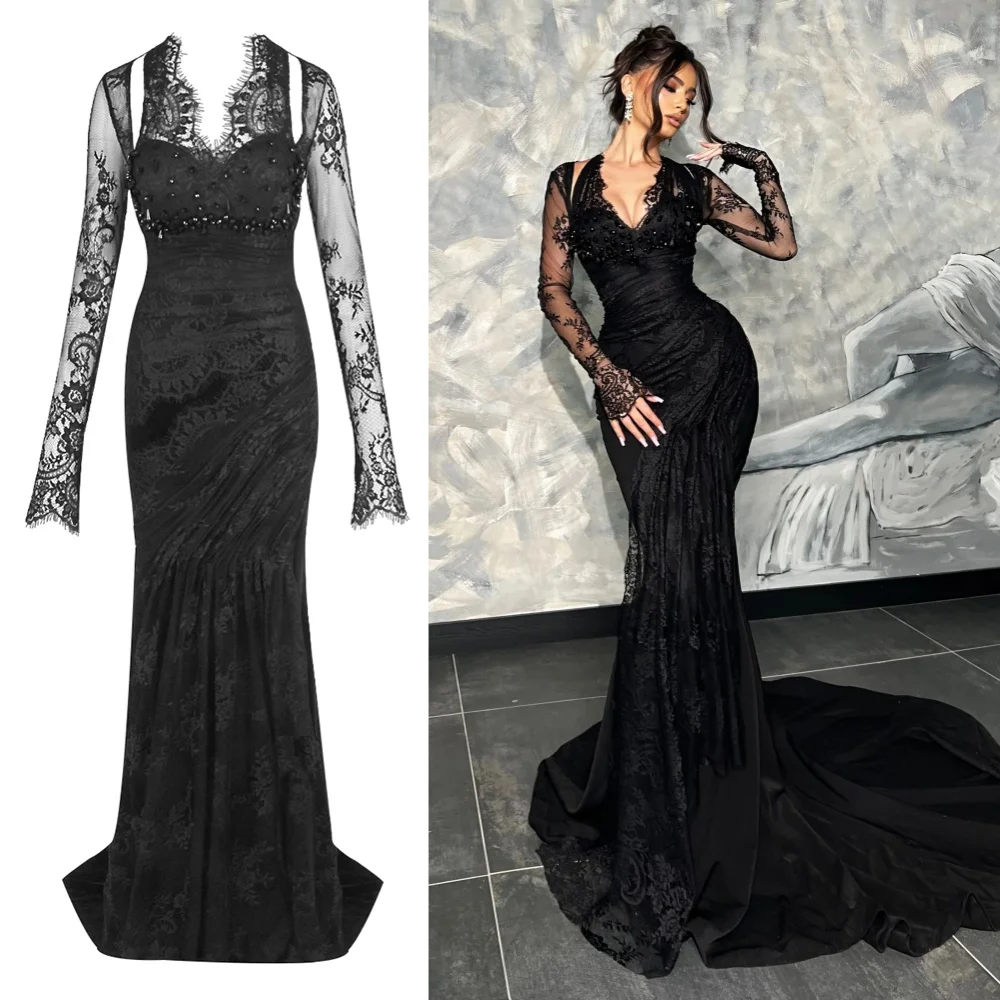 PB 블랙 레이스 V 넥 머메이드 가운, 시어 슬리브 & 트레인 - 섹시한 시스루 포멀 이브닝 드레스 베스티도스