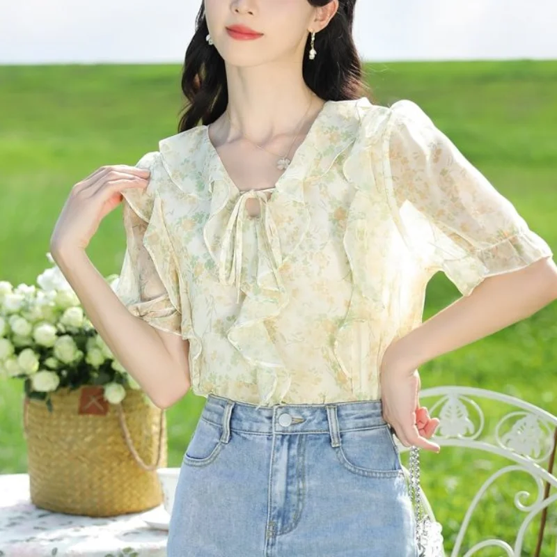 2024 Summer New Commuter Women's Clothing Simplicity Print Fashion Drawstring V-neck Short Sleeve temperament Pullover Shirt