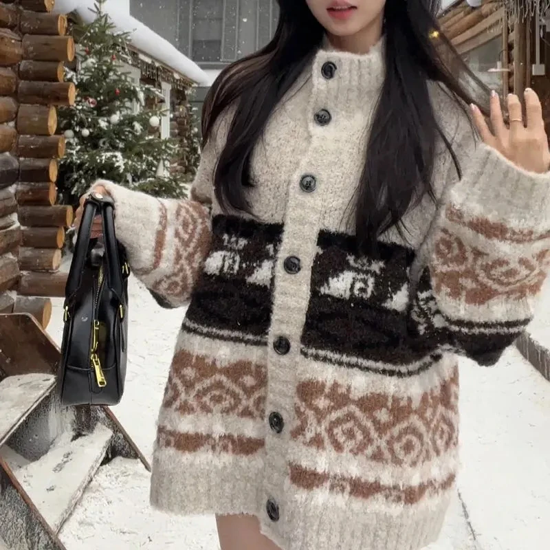 

Винтажный жаккардовый вязаный кардиган, женский свитер с воротником-стойкой на пуговицах и длинными рукавами, свободная повседневная милая верхняя одежда в стиле ретро с ленивым ветровым принтом