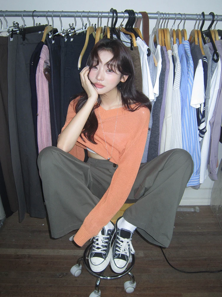 

Корейский женский вязаный свитер с длинным рукавом, V-образным вырезом, весенний, повседневный, свободного кроя, мягкий, однотонный топ, модный женский весенний топ