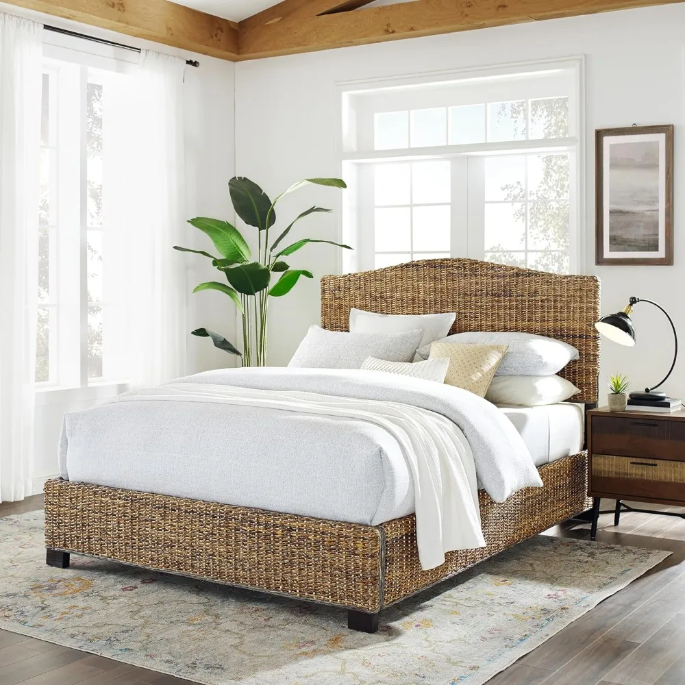 Platform Bed, Handwoven Natural Fiber Rattan Headboard and Footboard Set