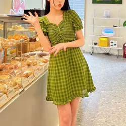 Female Clothing Plaid Sweet Mini Dress Fashion Shirring Folds Summer Short Sleeve Vintage Elegant V-Neck A-Line Commute Dresses