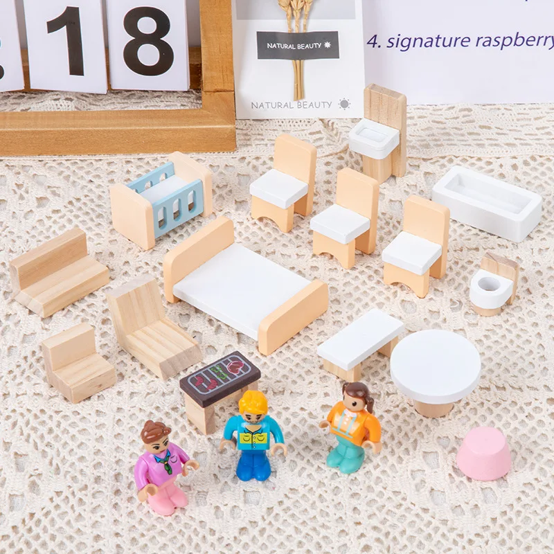 خشبية لتقوم بها بنفسك لعبة فتاة مونتيسوري قلعة الأميرة فيلا بيت الدمية الكبير أطقم منمذجة دمى اكسسوارات دمية مع ألعاب الأثاث