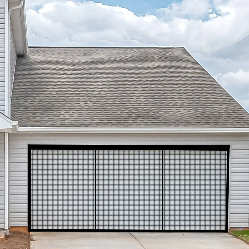 Magnetic Screen Door for Garage 3-Panel Double Opening - Mosquito Proof Auto-Close Mesh with Hook & Loop No Drill, Easy Install