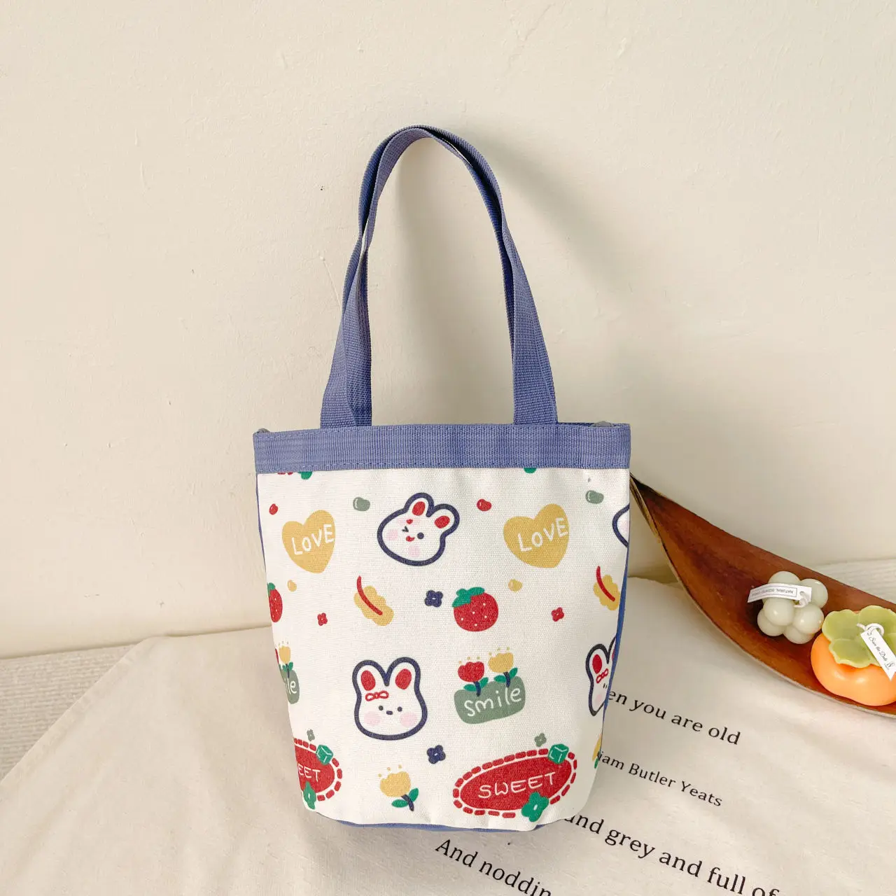 Saco de lona com padrão dos desenhos animados para meninas, estilo kawaii bolsa de ombro, lanche, padrão dos desenhos animados