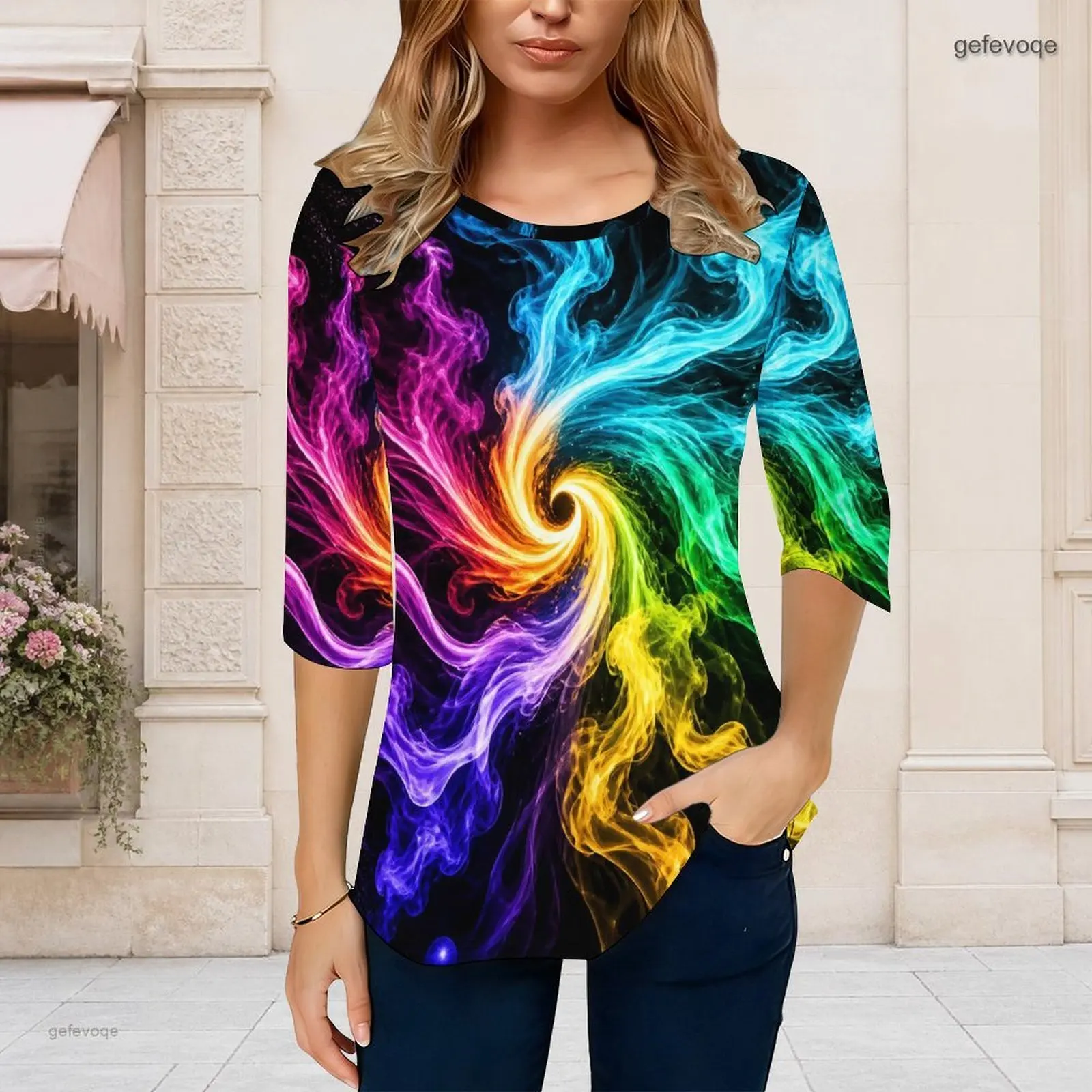 Women Rainbow Swirl Smoke Printed Round Neck 3/4 Sleeve Curved Hem Top