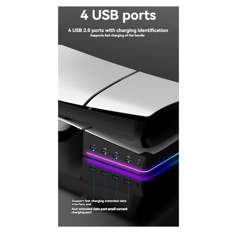 For PS5 Slim/Pro Stand With Light Modes, 4 USB Hubs - Enhanced Storage & Display