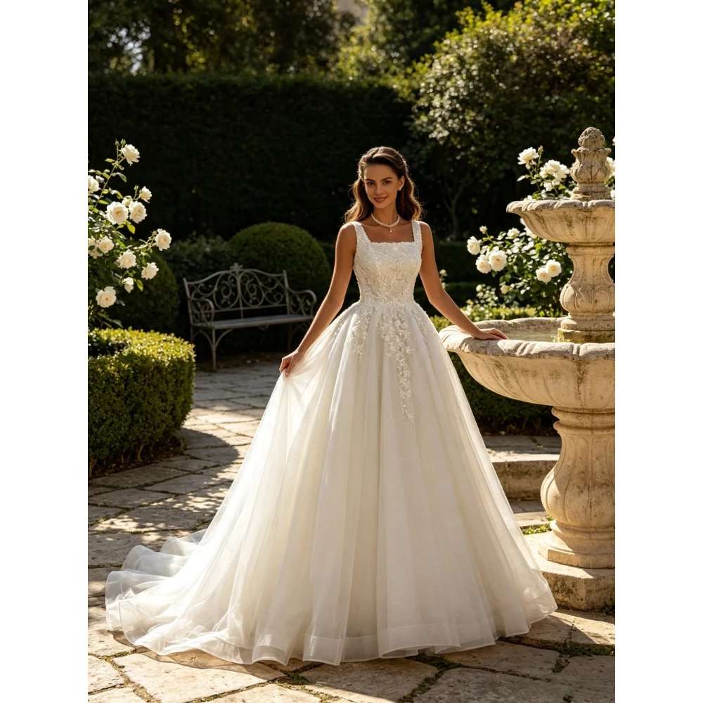 Customized Lace Square Neck Sleeveless A-line Wedding Dresses 2026 Sheer Floral Decal Fluffy Bridal Gown Suitable for Parties