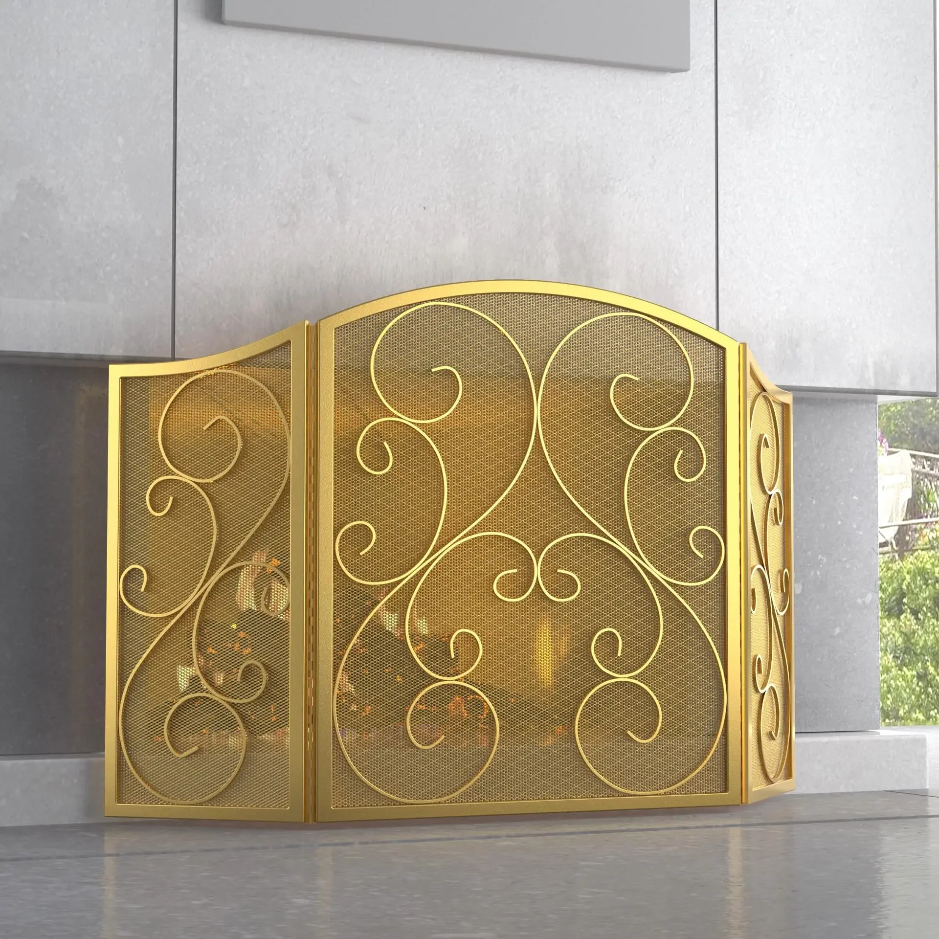 Simple modern wrought iron floor-to-ceiling fireplace, three-fold screen, living room heater with mesh fence, new
